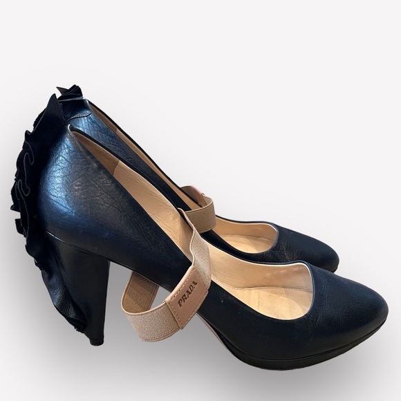 Prada Shoes - PRADA Ruffle Embellished Heel Rounded Toe Pumps in Black Mary Jane Strap